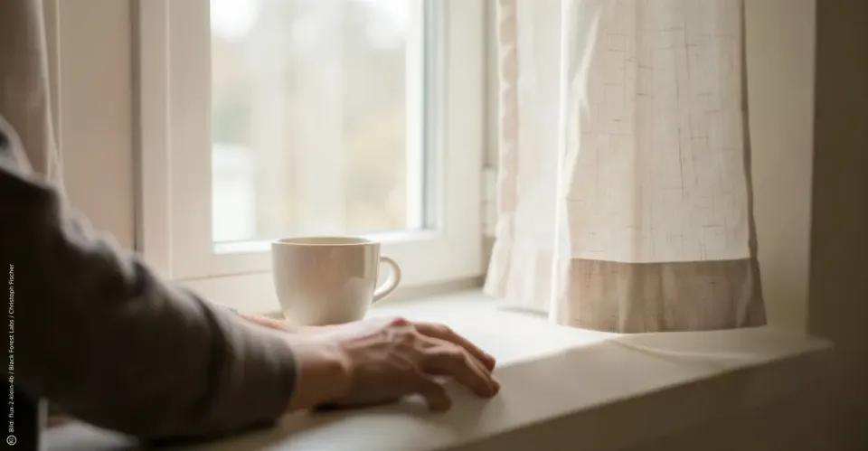 Ruhige Alltagsszene an einem offenen Fenster mit weichem Licht, einem leichten Vorhang und einer Tasse. Das Bild vermittelt einen stillen Moment, eine Pause und das Thema Atem.