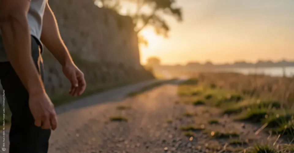 Ein ruhiger Weg im warmen Abendlicht mit weichen Schatten. Die Szene wirkt still und offen und vermittelt Ruhe, Loslassen und einen behüteten Übergang ins Wochenende.